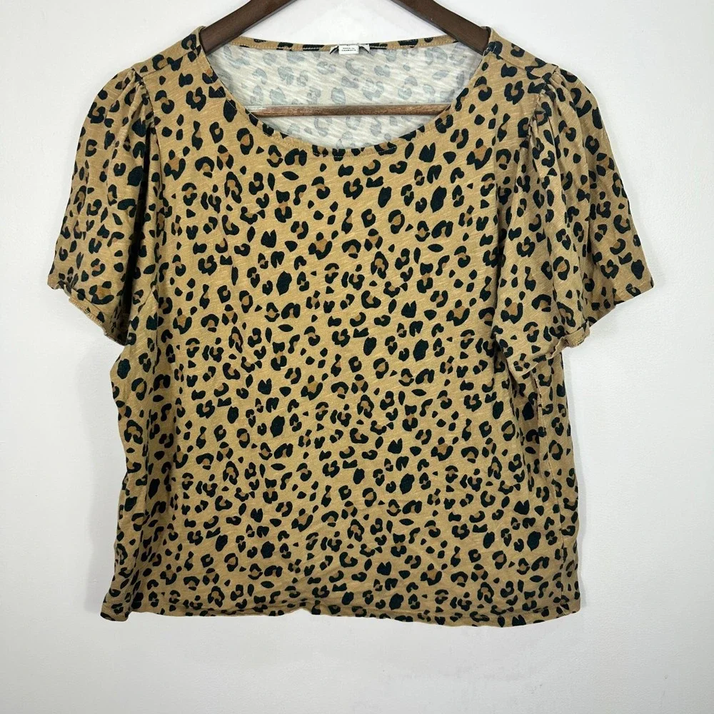J.Crew Cheetah Animal Print Top Womens Large Brown Short Sleeve Mob Wife Indie